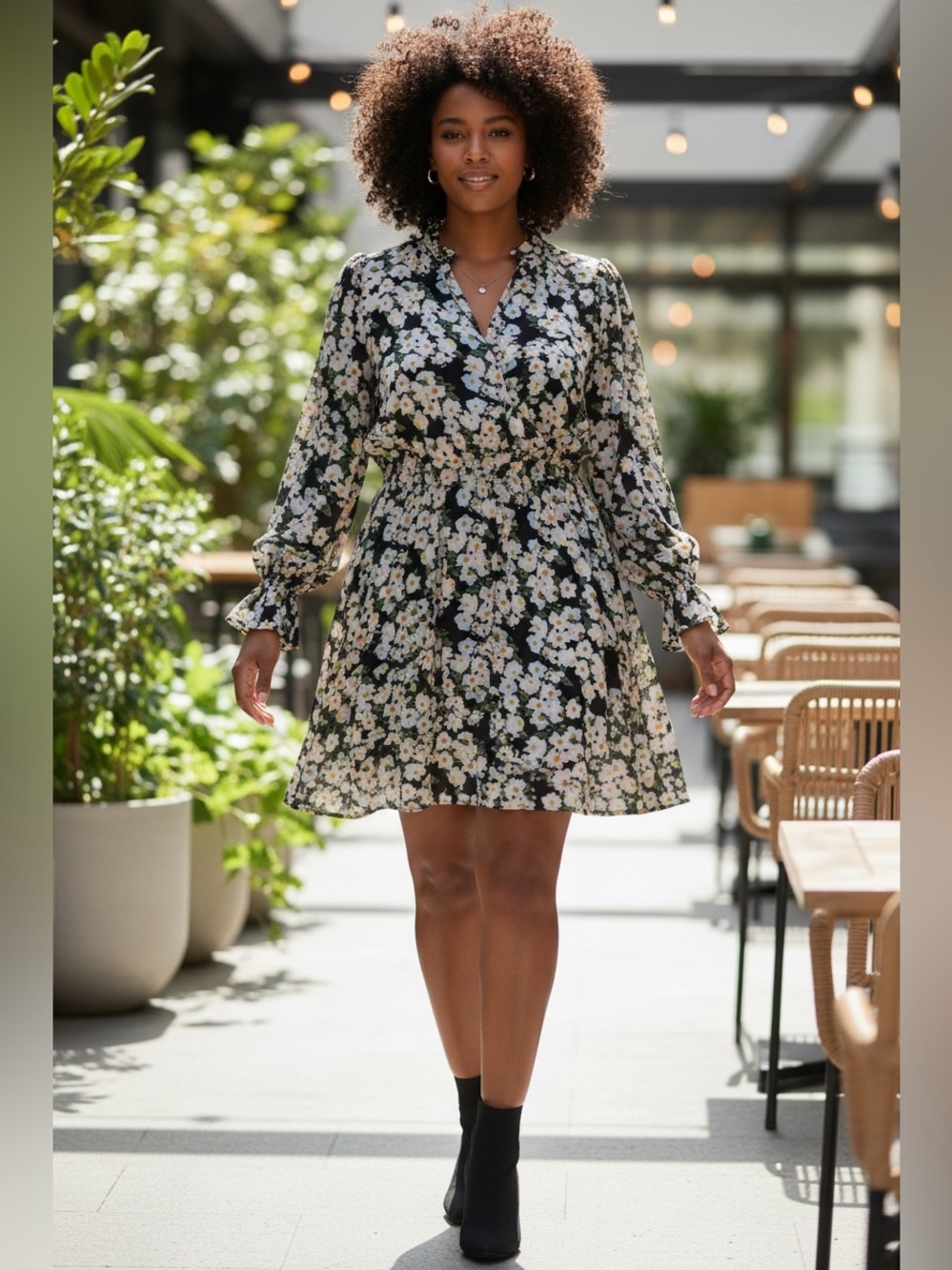 J. Crew Mercantile Black Floral V-Neck Long Sleeve Dress
